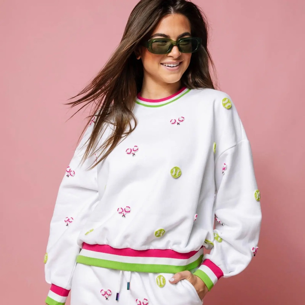 QOS Queen of Sparkles White Multi Beaded Scattered Tennis Sweatshirt